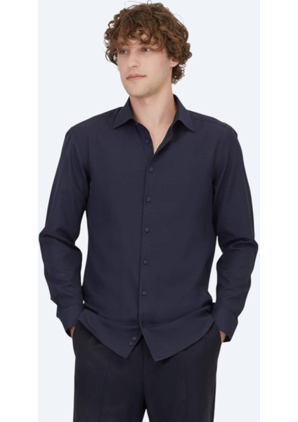 Lacivert Düz Slim Fit Dokuma Klasik Pamuk Karışımlı Gömlek