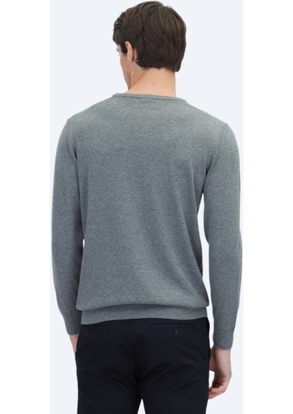 Gri Bisiklet Yaka Pamuk Karışımlı Triko Kazak