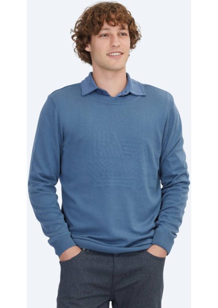 Havacı Mavi Bisiklet Yaka Desenli Pamuk Karışımlı Triko Kazak indirimleri