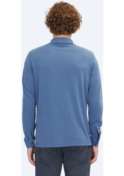 Havacı Mavi Bisiklet Yaka Desenli Pamuk Karışımlı Triko Kazak