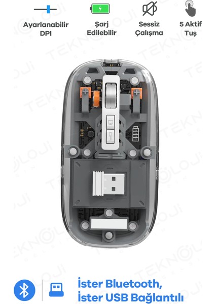 Bluetooth USB Çift Modlu Sessiz Mouse, Şeffaf Mıknatıslı Kapaklı, Type-C Şarjlı, Dpı Ayarl