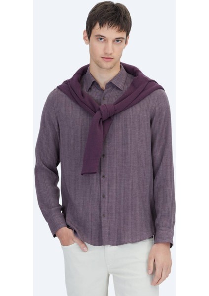 Mürdüm Çizgili Regular Fit Dokuma Casual Gömlek