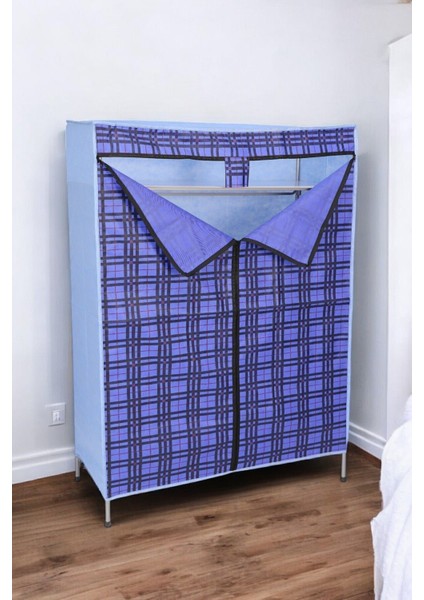 Kalın Metal Borulu Iskeletli Bez Gardrop Portatif Demonte Elbise Dolabı Bez Dolap Mavi