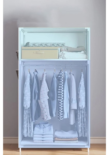 Kalın Metal Borulu Iskeletli Bez Gardrop Portatif Demonte Elbise Dolabı Bez Dolap Mavi modelleri