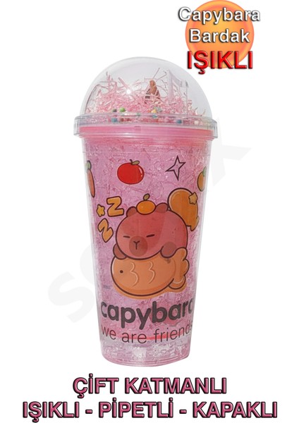 Capybara Çift Cidarlı, Işıklı, Pipetli, Kapaklı Bardak