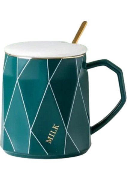 Geometrik Desenli Gold Kaşıklı Kapaklı Modern Seramik Kupa fiyatları