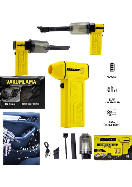 Turbo Jet Fan Şarjlı Üfleme Çekme 14.000RPM 4000MAH Pil Gücü