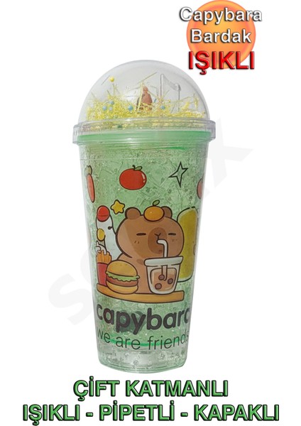 Capybara Çift Cidarlı, Işıklı, Pipetli, Kapaklı Bardak