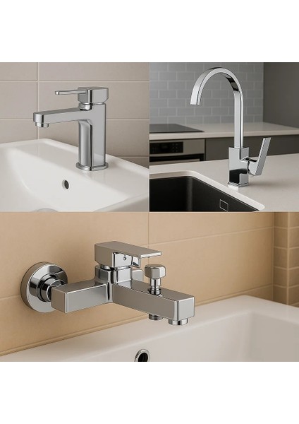 Kare Mutfa Bataryası Seti Çift Su Girişli Pirinç Musluk