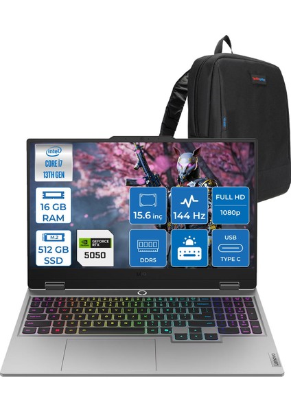 Loq Intel Core I7 13700HX 16GB 512GB SSD 8GB/RTX5050/100W 15.6" Fhd IPS 300NITS 100% Srgb 144Hz Windows 11 Pro Taşınabilir Bilgisayar 15IRX1050P01 + Zettaçanta