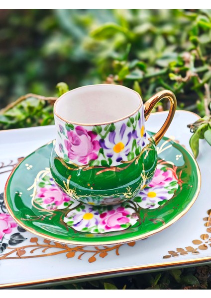 El Boyama Porselen Osmanlı Saray Kahve Fincanı-Yeşil 1 Adet