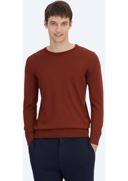 Kiremit Bisiklet Yaka Düz Örgü Yün Karışımlı Triko Kazak