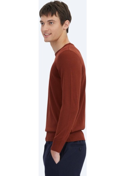 Kiremit Bisiklet Yaka Düz Örgü Yün Karışımlı Triko Kazak