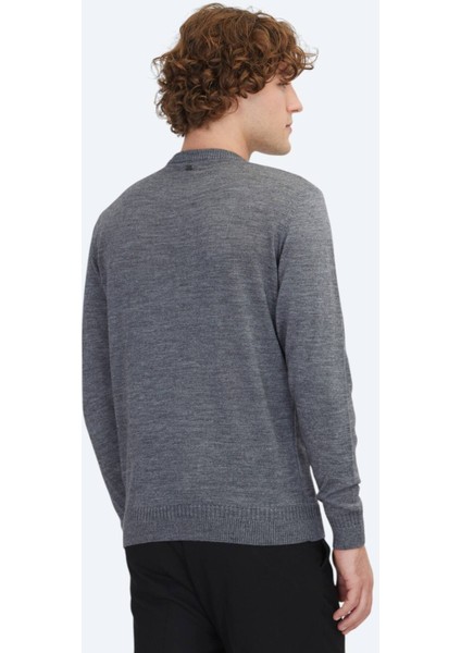 Gri Bisiklet Yaka Düz Örgü Yün Karışımlı Triko Kazak