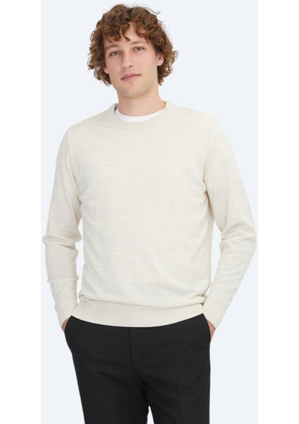 Bej Bisiklet Yaka Düz Örgü Yün Karışımlı Triko Kazak