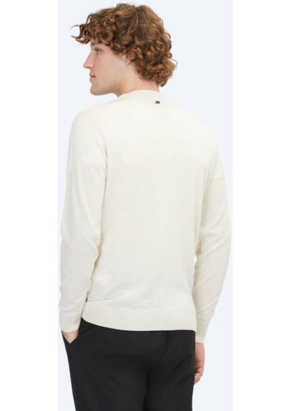 Bej Bisiklet Yaka Düz Örgü Yün Karışımlı Triko Kazak