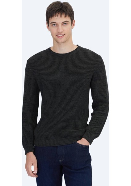 Siyah Bisiklet Yaka Desenli Pamuk Karışımlı Triko Kazak indirimleri