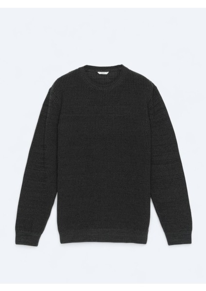 Siyah Bisiklet Yaka Desenli Pamuk Karışımlı Triko Kazak