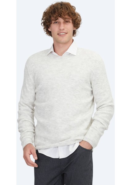 Ekru Bisiklet Yaka Jakarlı Yün Karışımlı Triko Kazak