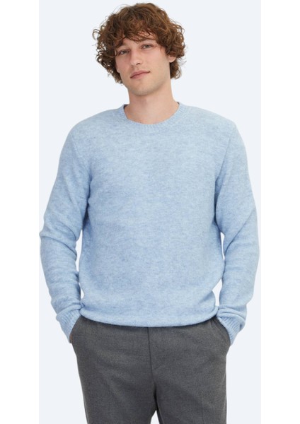 Mavi Bisiklet Yaka Jakarlı Yün Karışımlı Triko Kazak