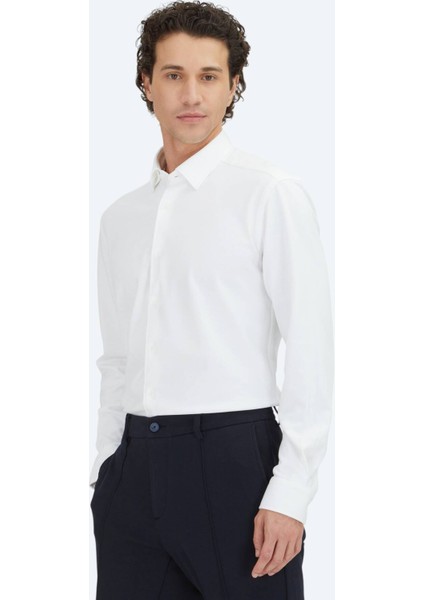Beyaz Düz Regular Fit Dokuma Casual %100 Pamuk Gömlek