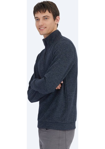 Lacivert Dik Yaka Çizgili Sweatshırt