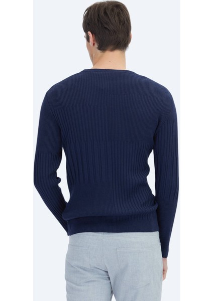 Lacivert Bisiklet Yaka Jakarlı Triko Kazak