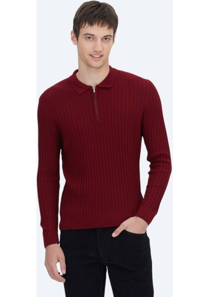 Kırmızı Polo Yaka Jakarlı Yün Karışımlı Triko Kazak