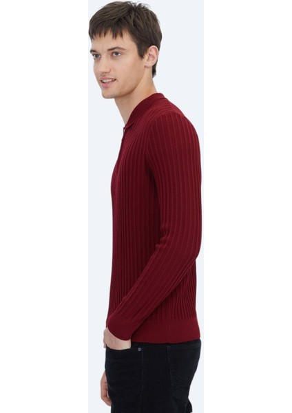 Kırmızı Polo Yaka Jakarlı Yün Karışımlı Triko Kazak