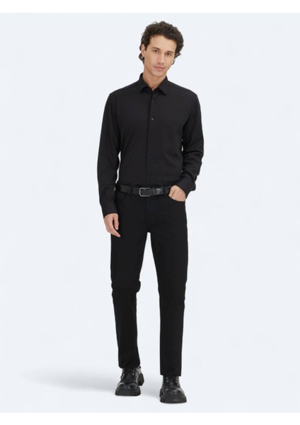 Siyah Düz Regular Fit Dokuma Casual %100 Pamuk Gömlek