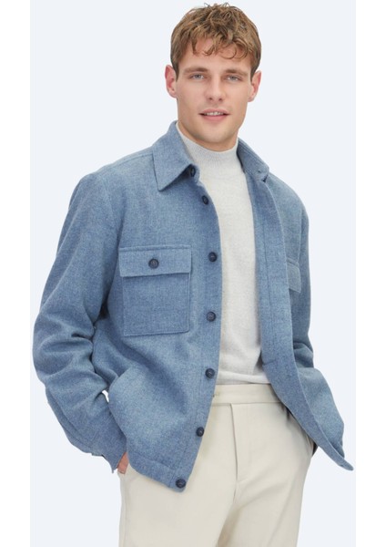 Mavi Düz Regular Fit Dokuma Yün Karışımlı Overshırt