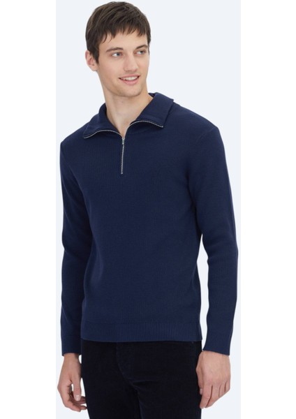 Lacivert Polo Yaka Jakarlı Triko Kazak