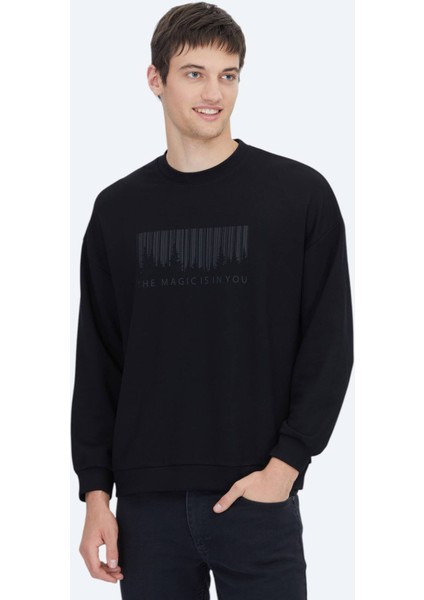 Siyah Bisiklet Yaka Baskılı Sweatshırt