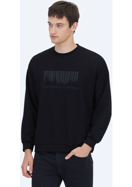 Siyah Bisiklet Yaka Baskılı Sweatshırt