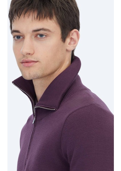 Mürdüm Polo Yaka Jakarlı Triko Kazak