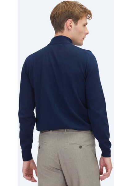 Lacivert Yarım Balıkçı Yaka Düz Örgü Triko Kazak