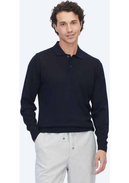 Lacivert Polo Yaka Jakarlı Yün Karışımlı Triko Kazak fiyatları