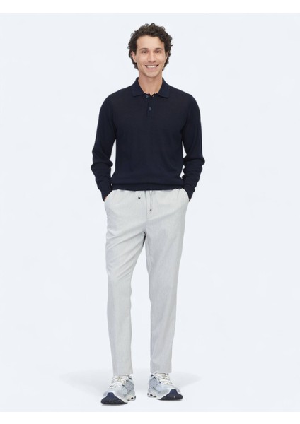 Lacivert Polo Yaka Jakarlı Yün Karışımlı Triko Kazak modelleri