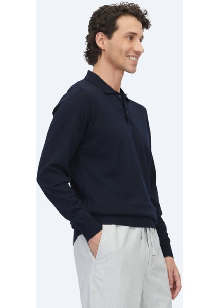 Lacivert Polo Yaka Jakarlı Yün Karışımlı Triko Kazak fırsatları