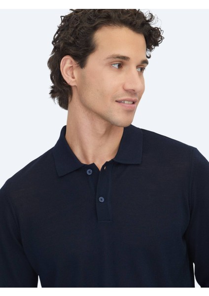 Lacivert Polo Yaka Jakarlı Yün Karışımlı Triko Kazak indirimleri