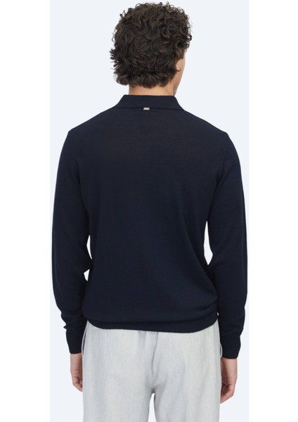 Lacivert Polo Yaka Jakarlı Yün Karışımlı Triko Kazak