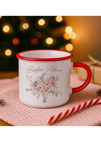 Kişiye Özel Çiçek Tasarımlı Kırmızı Emaye Kupa Bardak -19, Arkadaşa Hediye, Sevgiliye Hediye