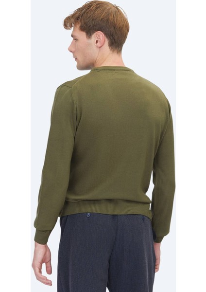Haki Bisiklet Yaka Düz Örgü Triko Kazak