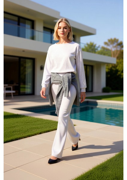 Kadın Alt Üst Regular Kalıp Kayık Yaka Uzun Kollu Örme Üst Ispanyol Paça Rahat Kesim Alt Takımı fiyatları