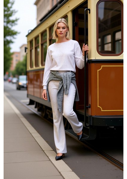 Kadın Alt Üst Regular Kalıp Kayık Yaka Uzun Kollu Örme Üst Ispanyol Paça Rahat Kesim Alt Takımı modelleri