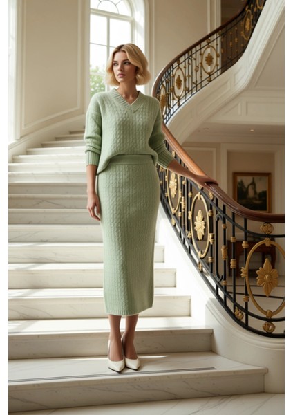 Kadın Alt Üst Oversize Saç Örgü Desenli Triko Kazak ve Midi Etek Ikili Takım Kış Sezonu Rahatlığı