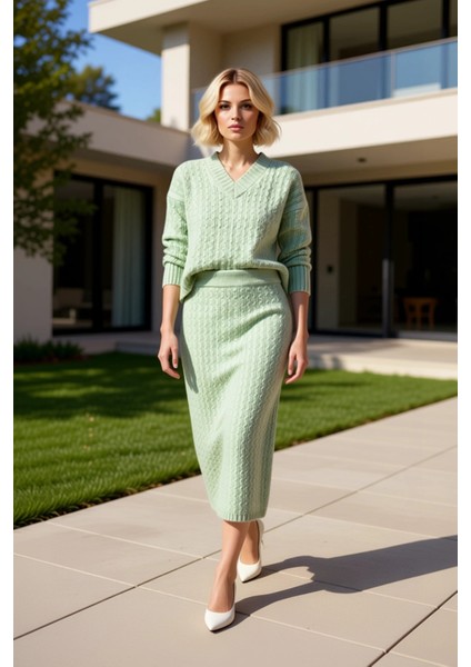 Kadın Alt Üst Oversize Saç Örgü Desenli Triko Kazak ve Midi Etek Ikili Takım Kış Sezonu Rahatlığı fiyatları