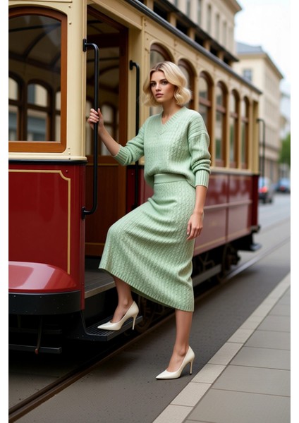 Kadın Alt Üst Oversize Saç Örgü Desenli Triko Kazak ve Midi Etek Ikili Takım Kış Sezonu Rahatlığı modelleri