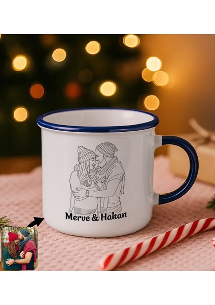 Kişiye Özel Isimli Line Art Çizimli Lacivert Emaye Kupa Bardak -1, Arkadaşa Hediye, Sevgiliye Hediye