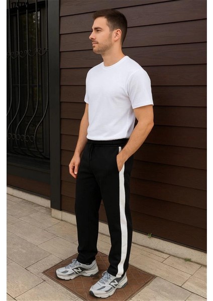 Erkek Üç Iplik Kışlık Pamuklu Yandan Garneli Kalın Şeritli Cepli Eşofman Altı - Siyah